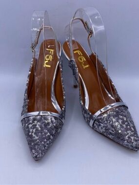 FSJ Silver Sequin Pointed Slingback Mules